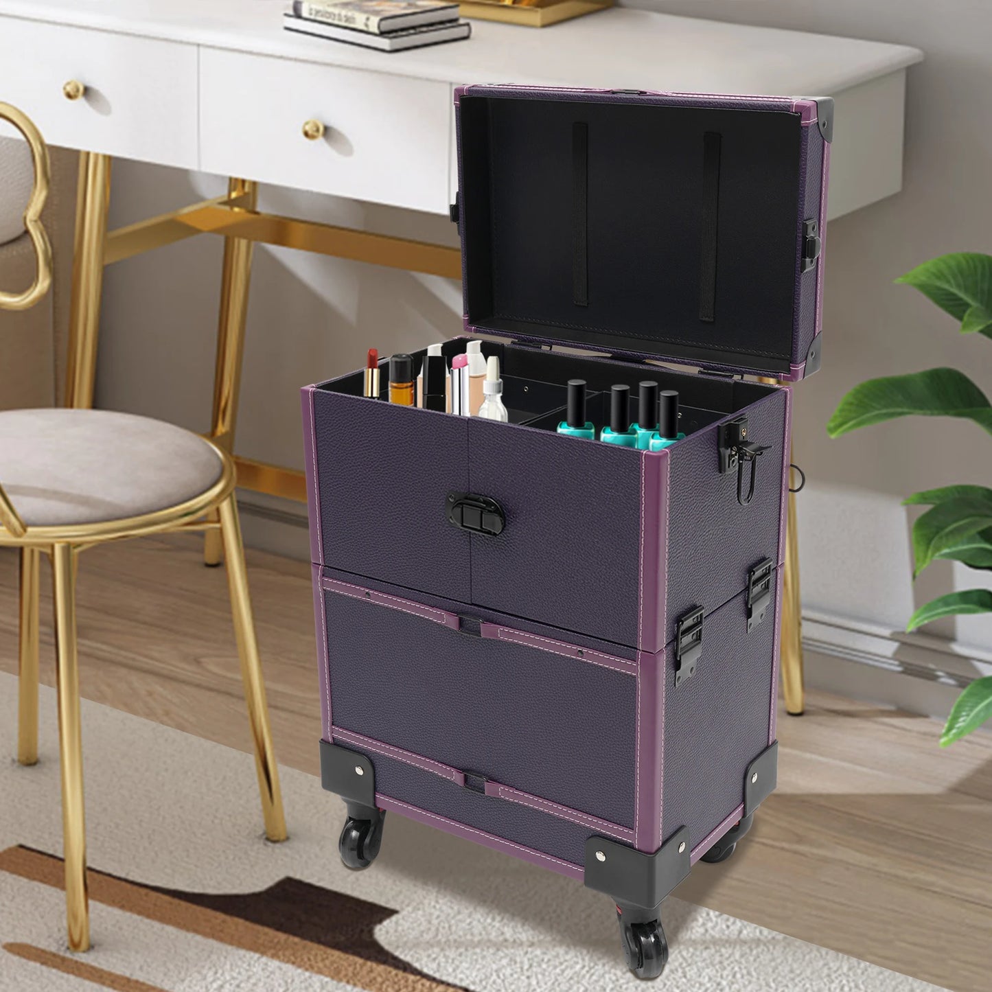 Stylish Purple Rolling Makeup Train Case - Artist Organizer Trolley
