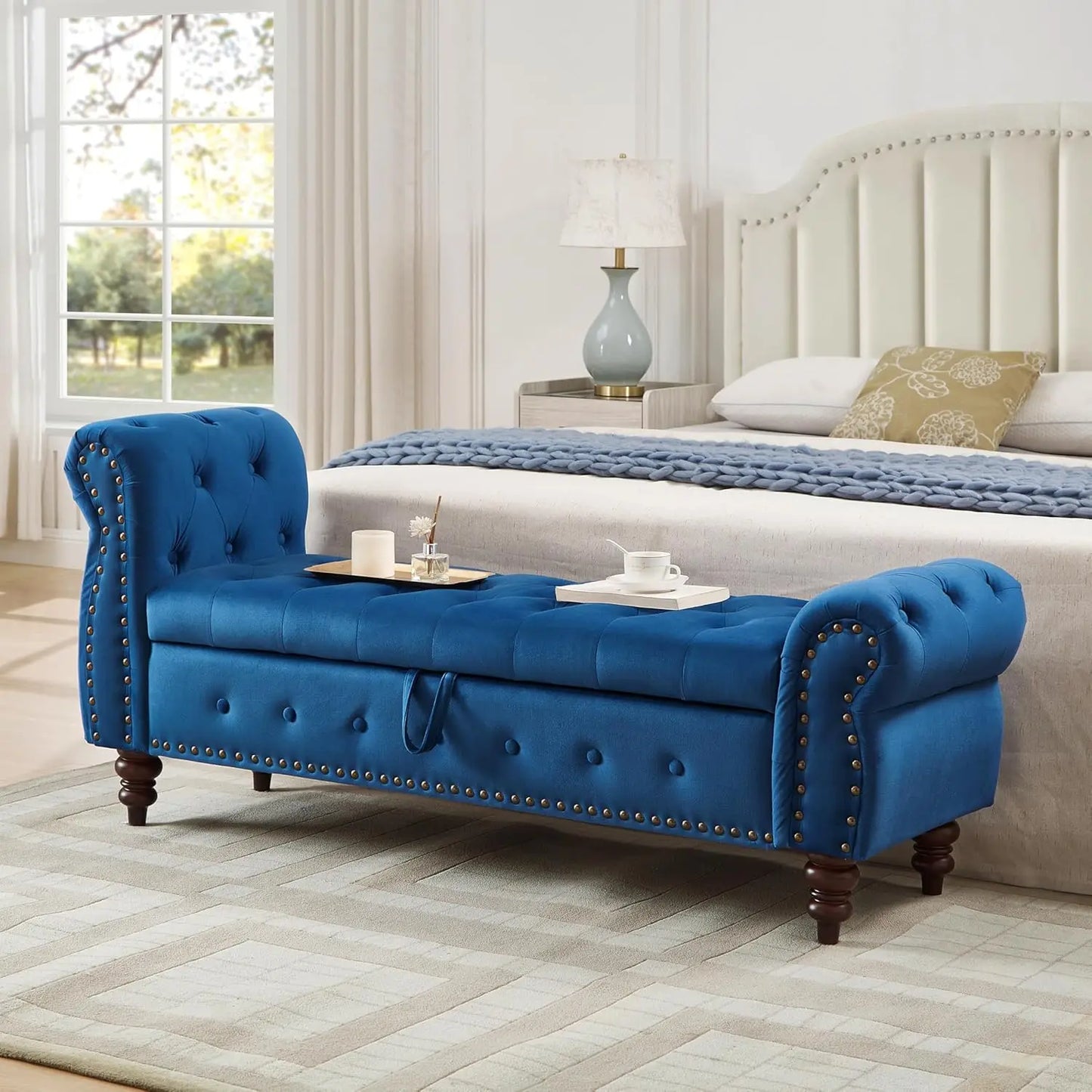 Velvet Storage Bench With Rolled Arm And Nailhead Trim