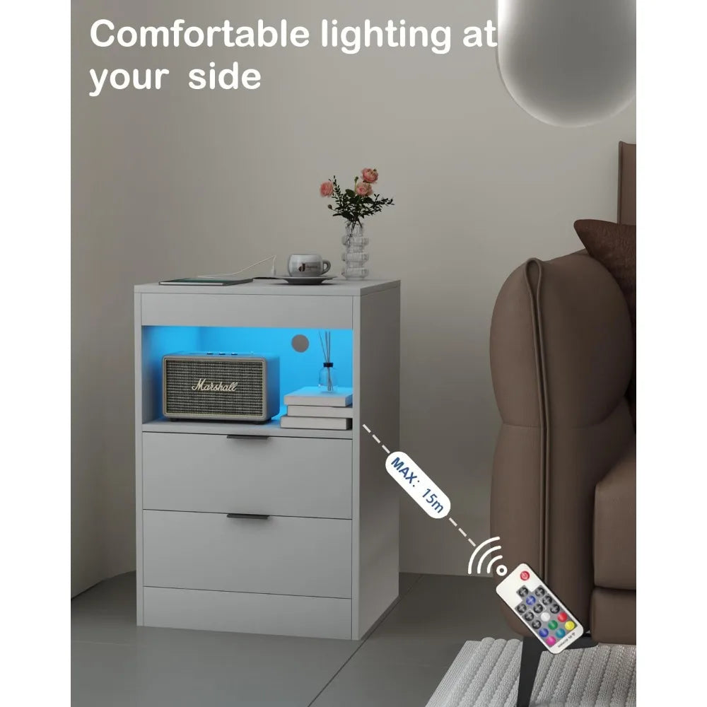LED Nightstand with Charging Station and 3 Drawers