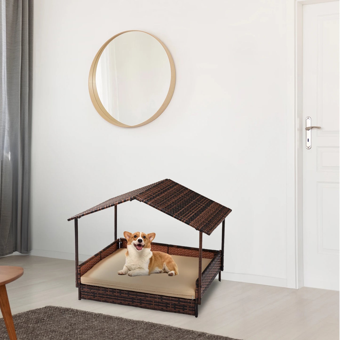 Wicker Dog House Elevated Rattan Bed with Canopy Cover