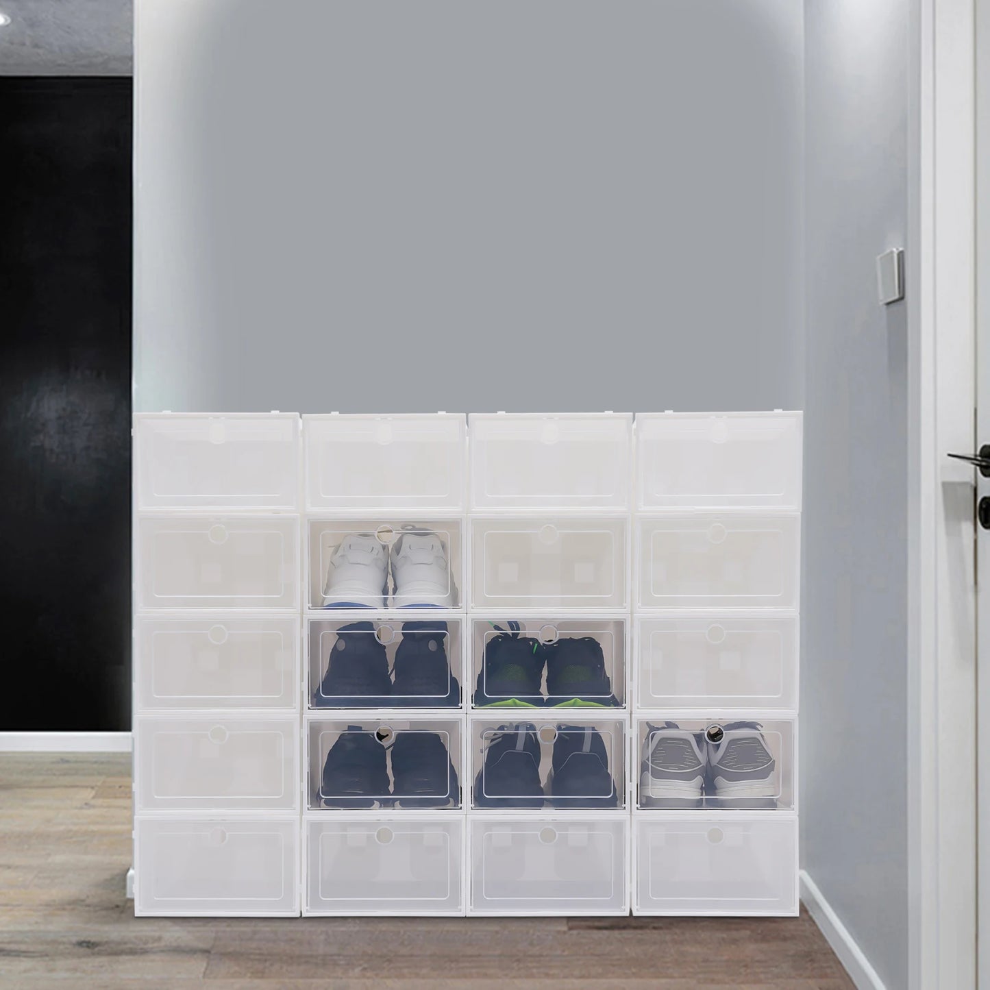 20PCS Stack Foldable Plastic Shoe Storage Cabinet Boxes Shoe Rack Shelf Tower Stand Flip Shoe Box Set Home Organizer