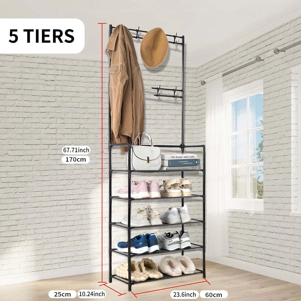 Hign-concerned Entryway Coat Rack With 4-Tier Shoe Storage 8 Hooks