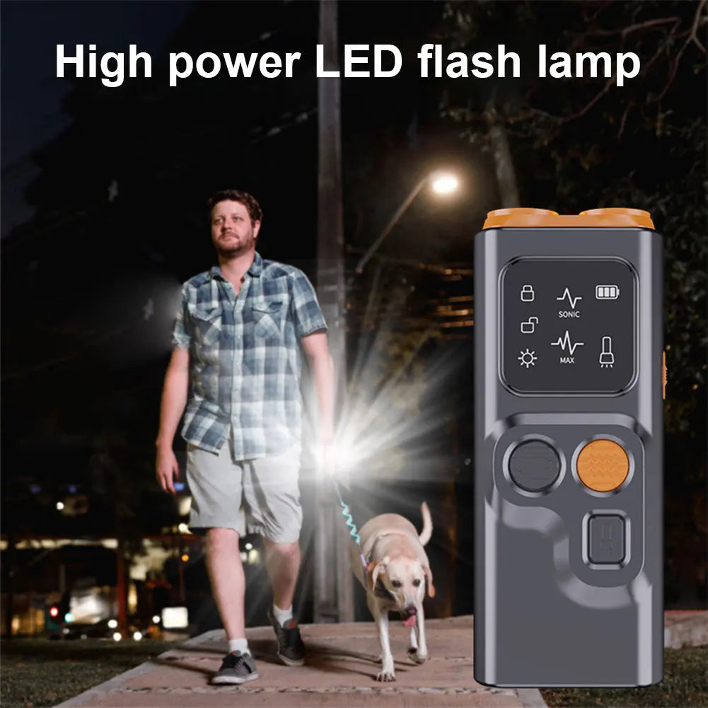 Rechargeable Sonic Anti Dog Bark Deterrent Device with Dual Ultrasonic Emitter LED Flashlight Shock Bark Collar Alternative