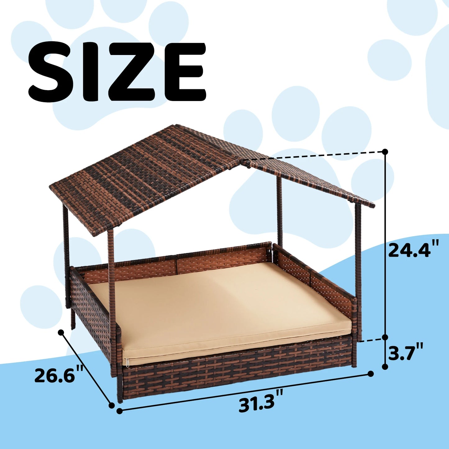 Wicker Dog House Elevated Rattan Bed with Canopy Cover