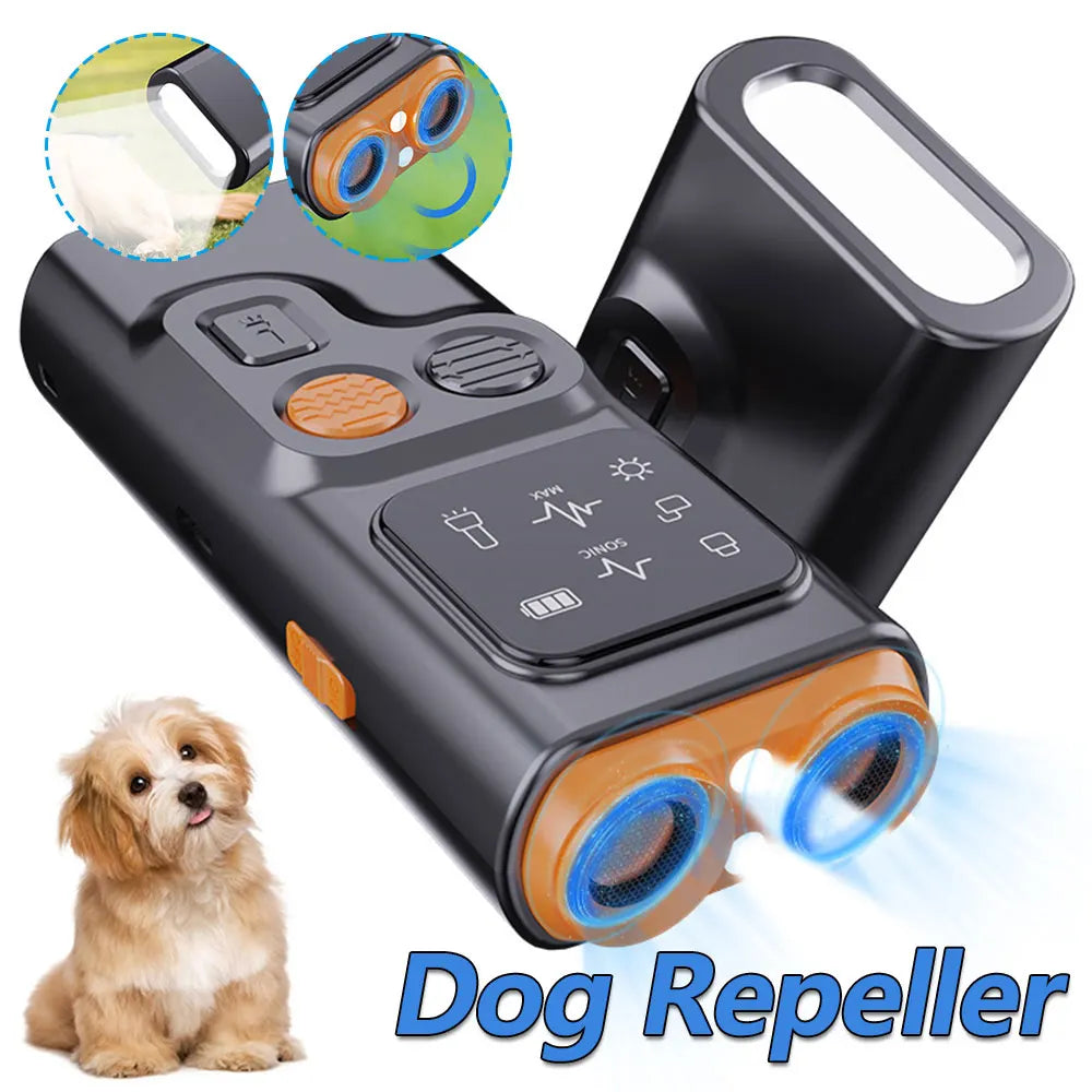 Rechargeable Sonic Anti Dog Bark Deterrent Device with Dual Ultrasonic Emitter LED Flashlight Shock Bark Collar Alternative