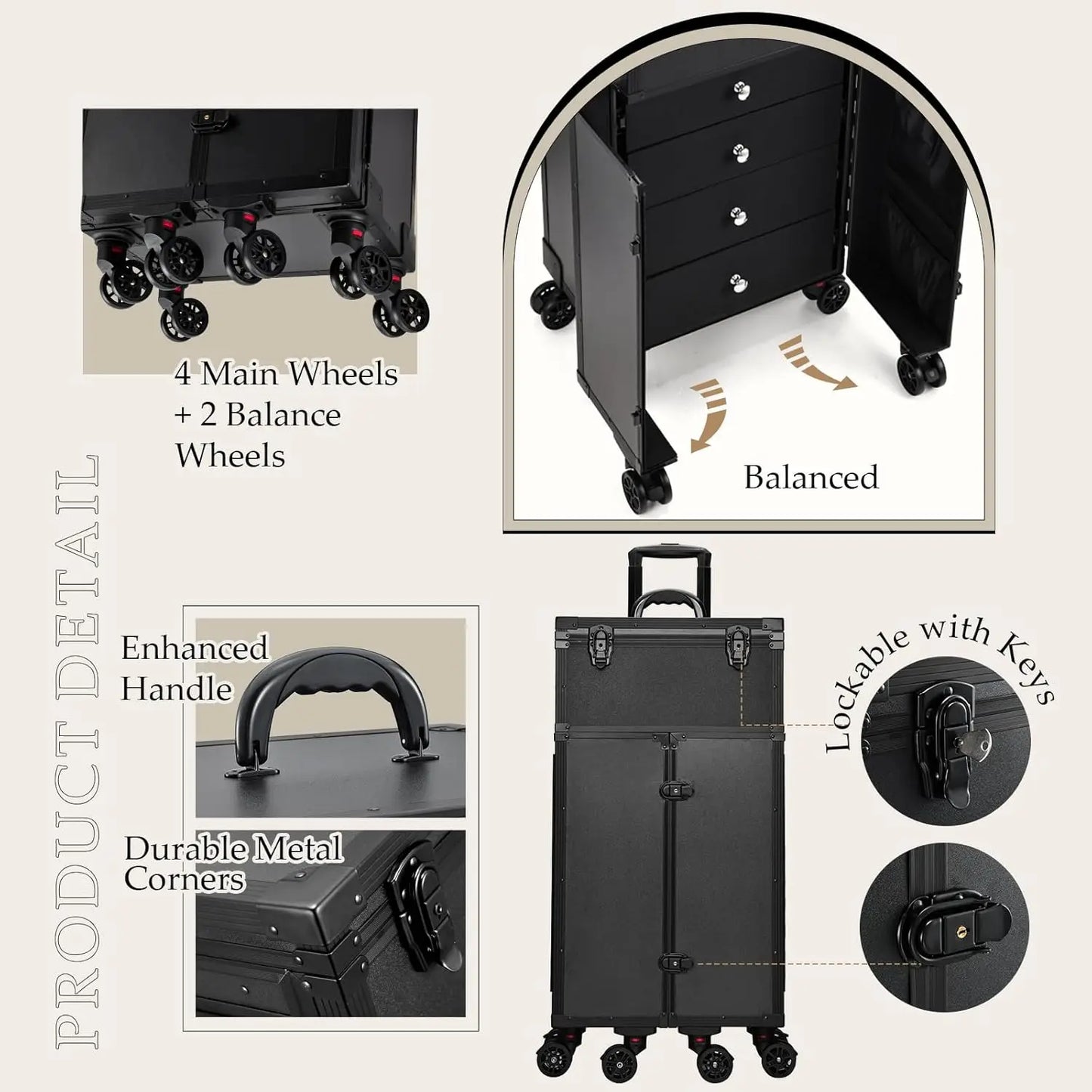 Professional Rolling Makeup Case 4 Drawers Portable Makeup