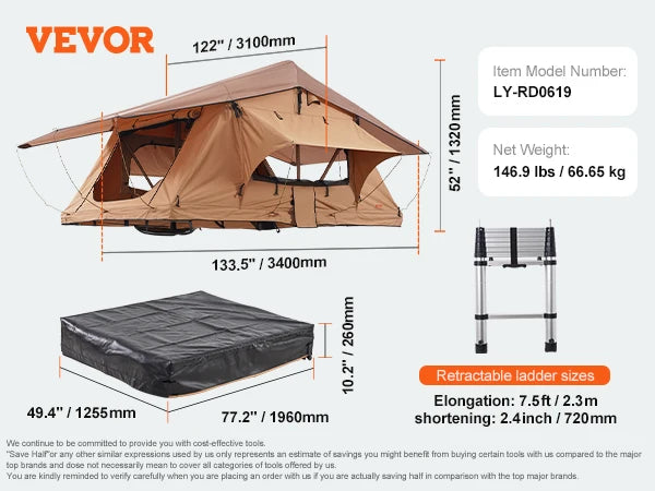 VEVOR Rooftop Tent Hardshell Folding Tent with Telescopic Ladder