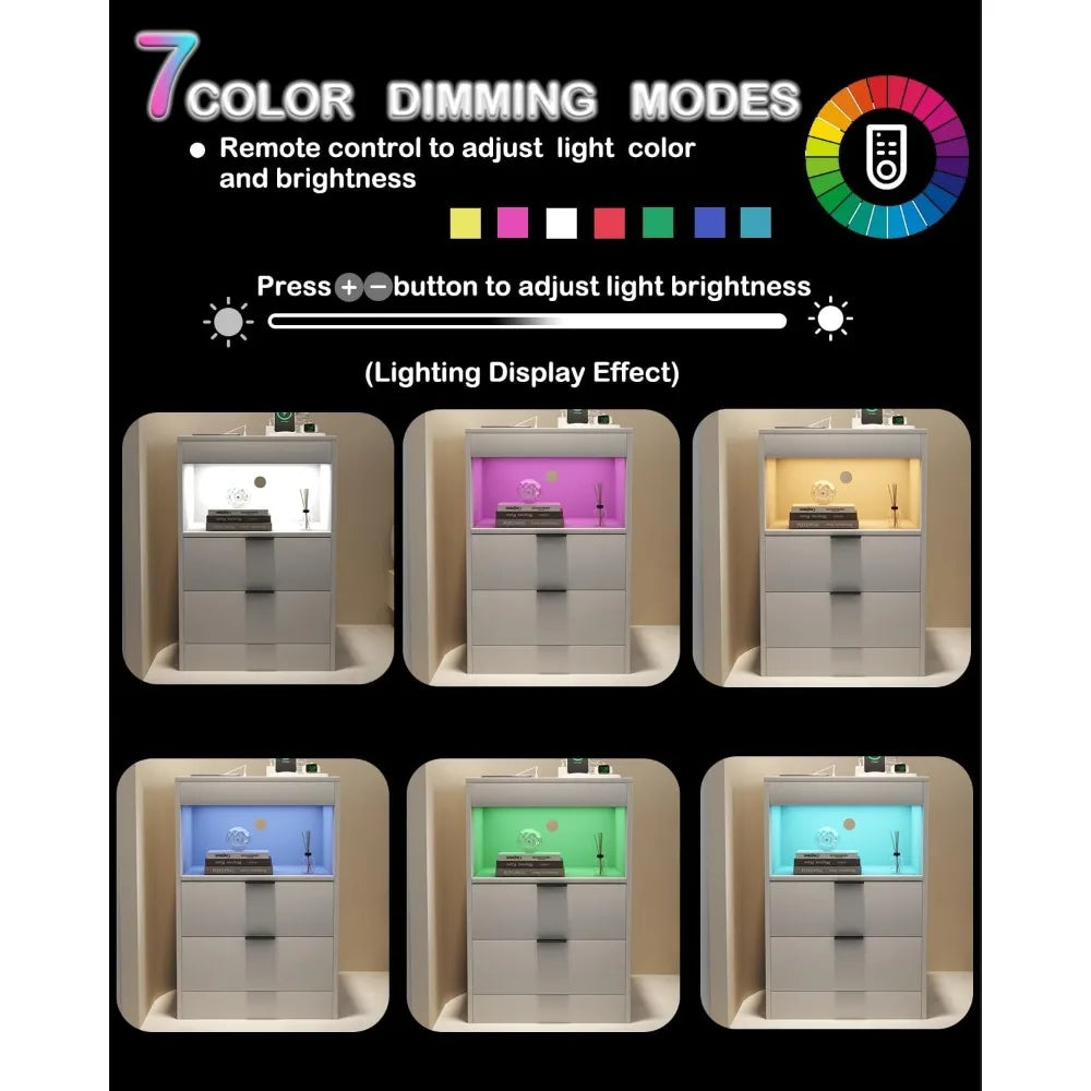LED Nightstand with Charging Station and 3 Drawers