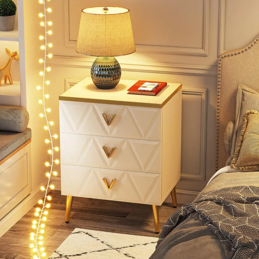 3-Drawer Nightstand Set of 2, Luxury Bedside Table