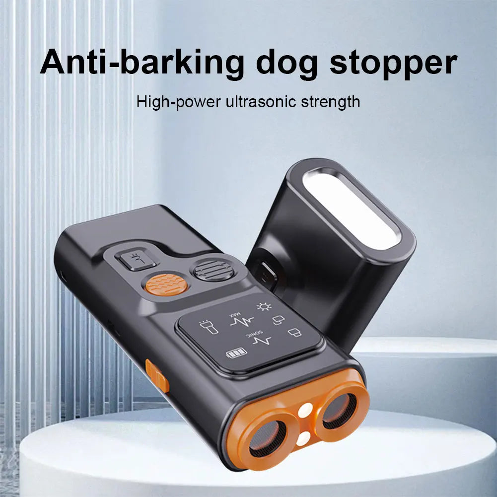 Rechargeable Sonic Anti Dog Bark Deterrent Device with Dual Ultrasonic Emitter LED Flashlight Shock Bark Collar Alternative