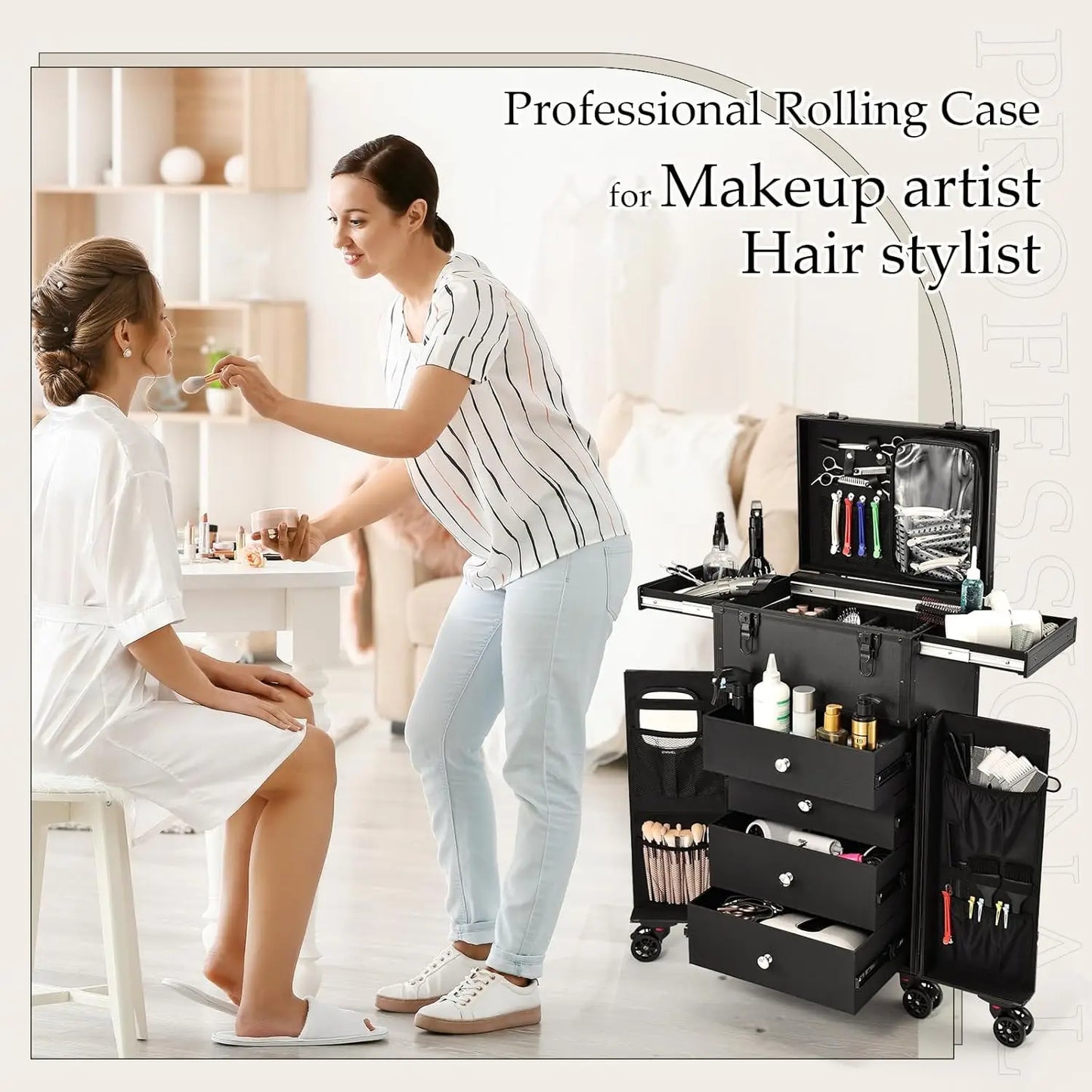 Professional Rolling Makeup Case 4 Drawers Portable Makeup