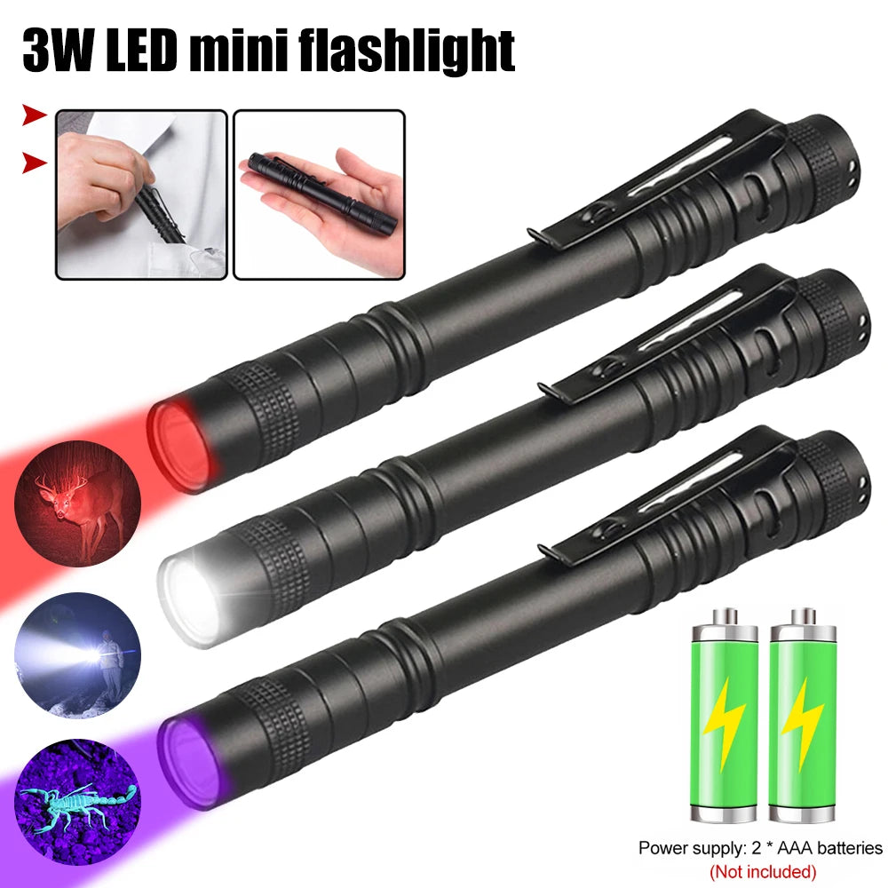 Mini Pen Light Portable LED Flashlight White 395nm Red Light Torch