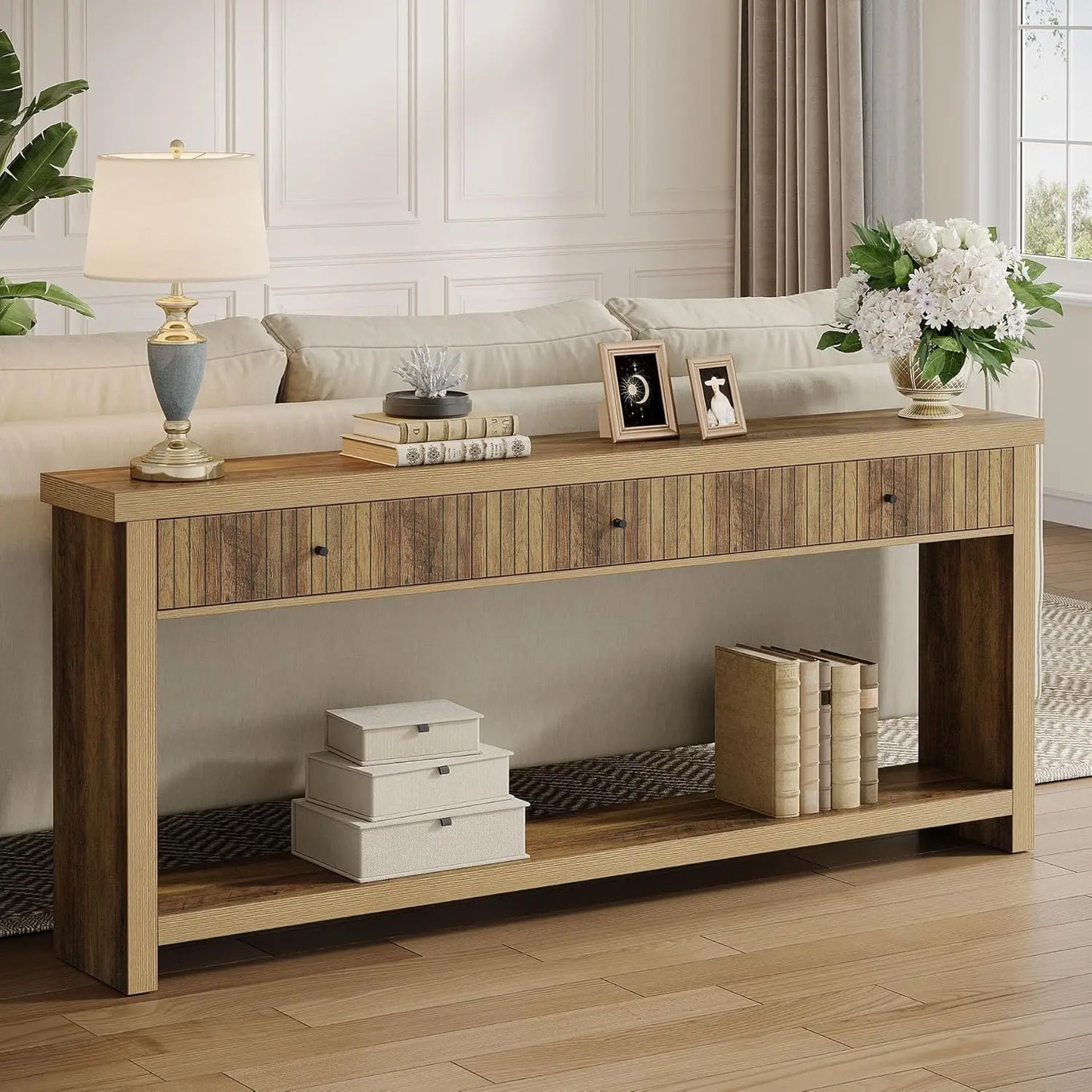 Wood Console Long Sofa Table with 3 Drawers 70.9 inch