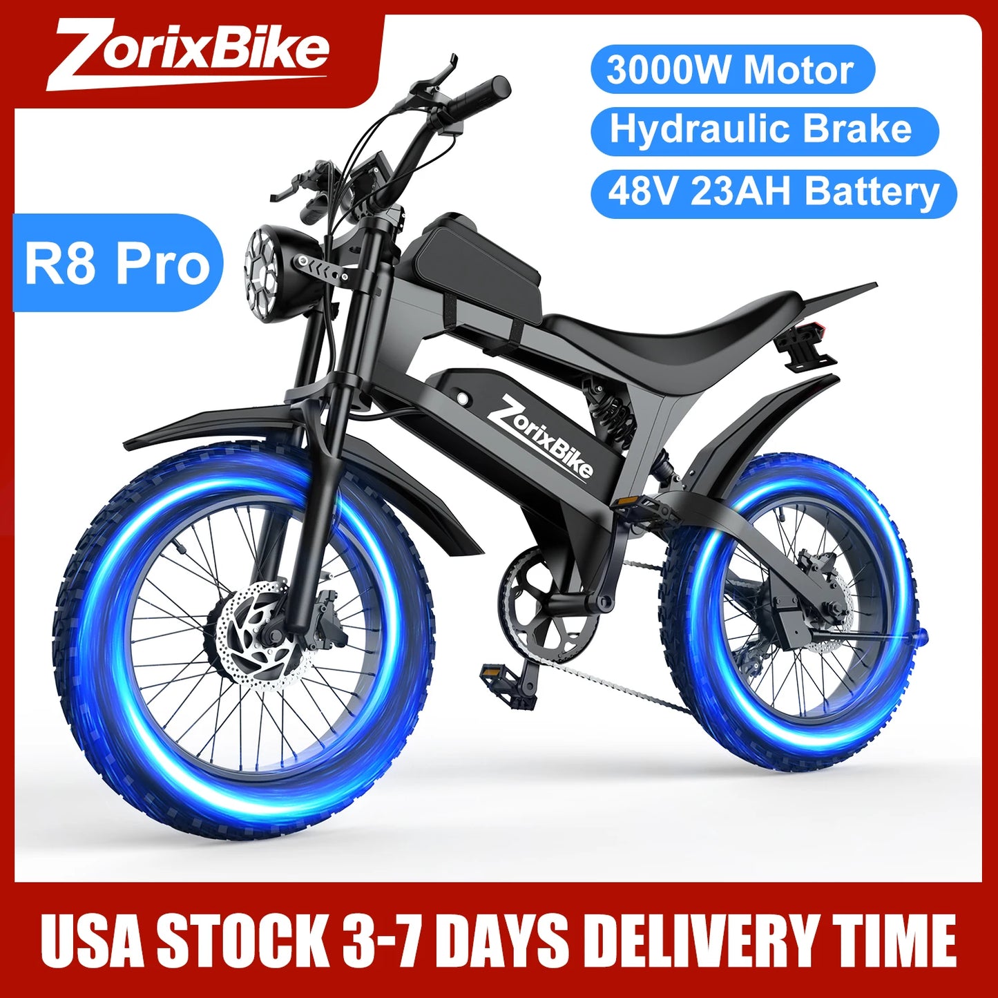 ZorixBike R8 Pro Electric Off-Road Bike 80 Mile Range 3000W