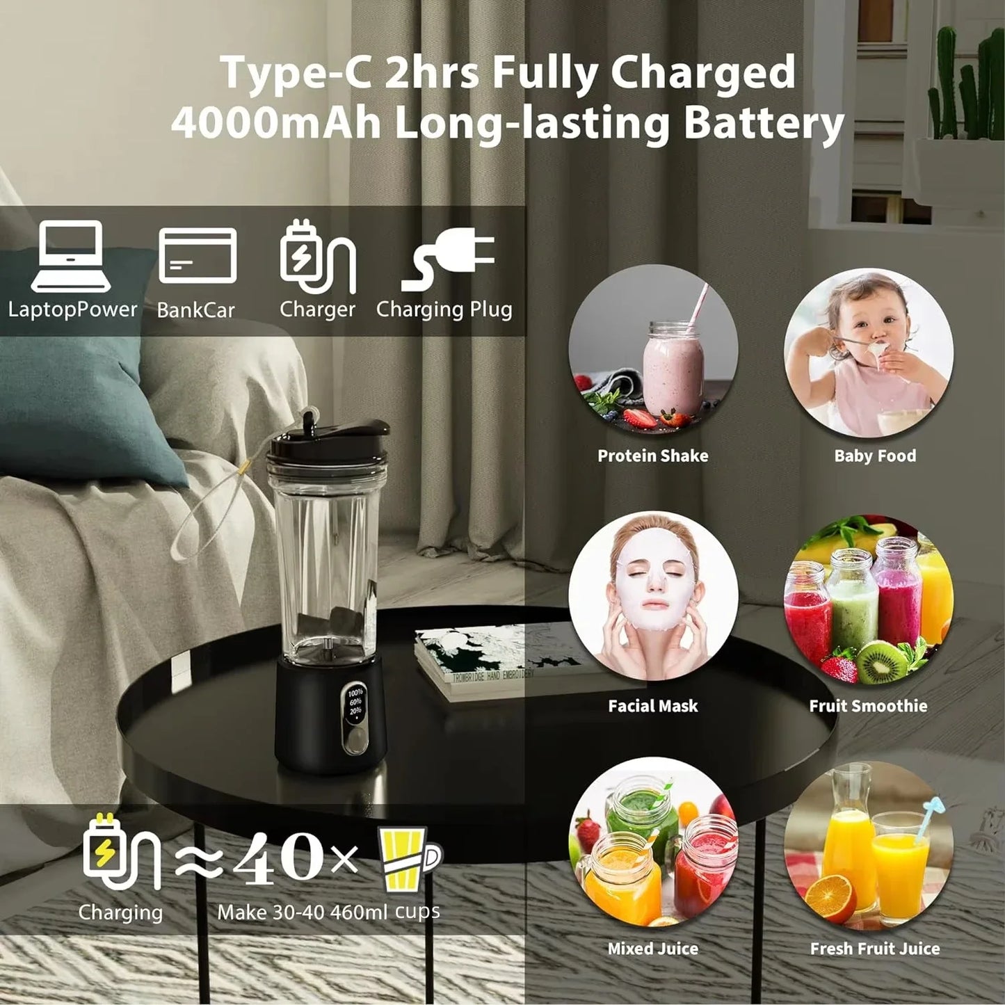 New 180W Portable Juicer Dual-use Juice Cup USB 4000mAh Battery
