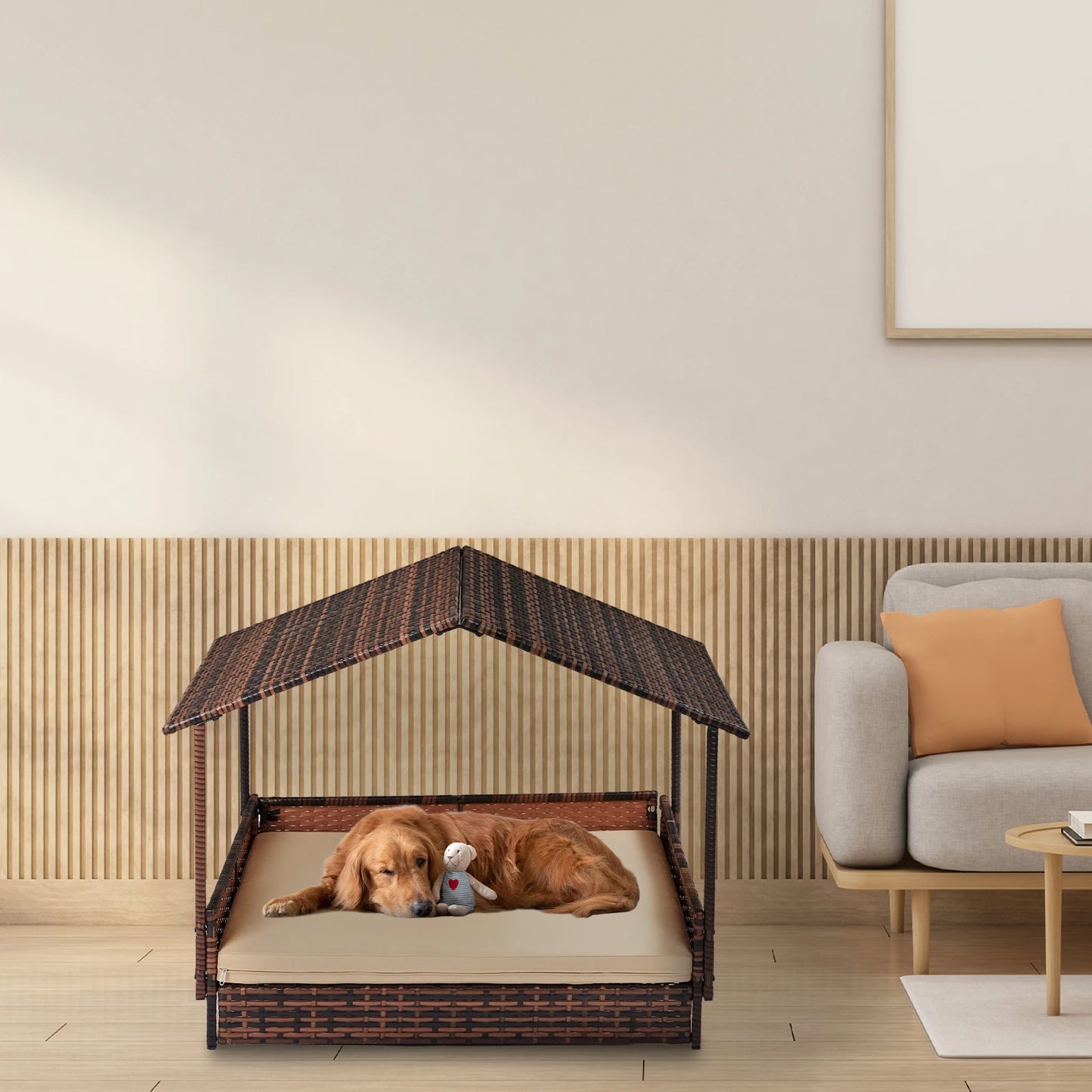 Wicker Dog House Elevated Rattan Bed with Canopy Cover