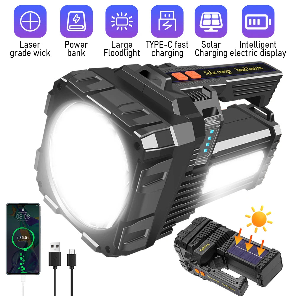 Solar Energy High Power LED Flashlight Type-C Rechargeable Waterproof