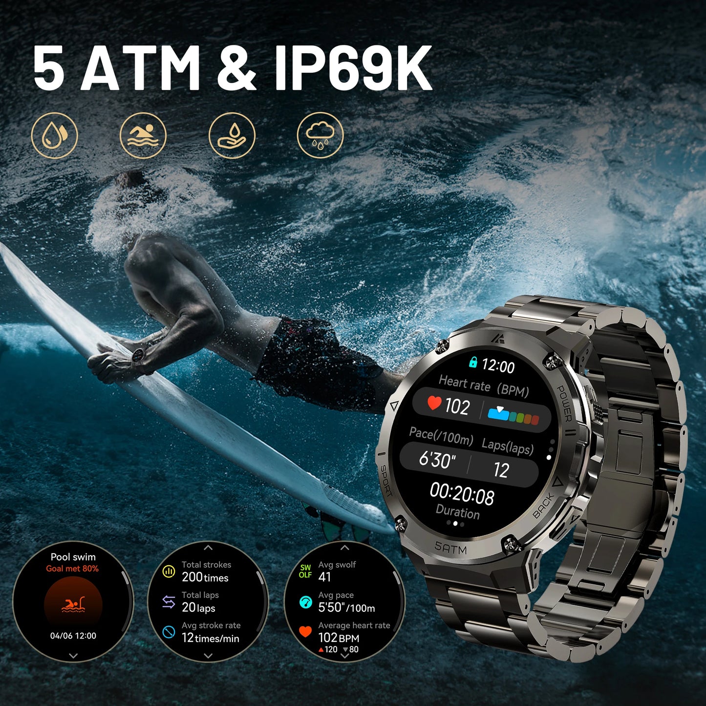 Ticwris T3E GPS Smartwatch 5ATM IP69K Compass For Men AMOLED