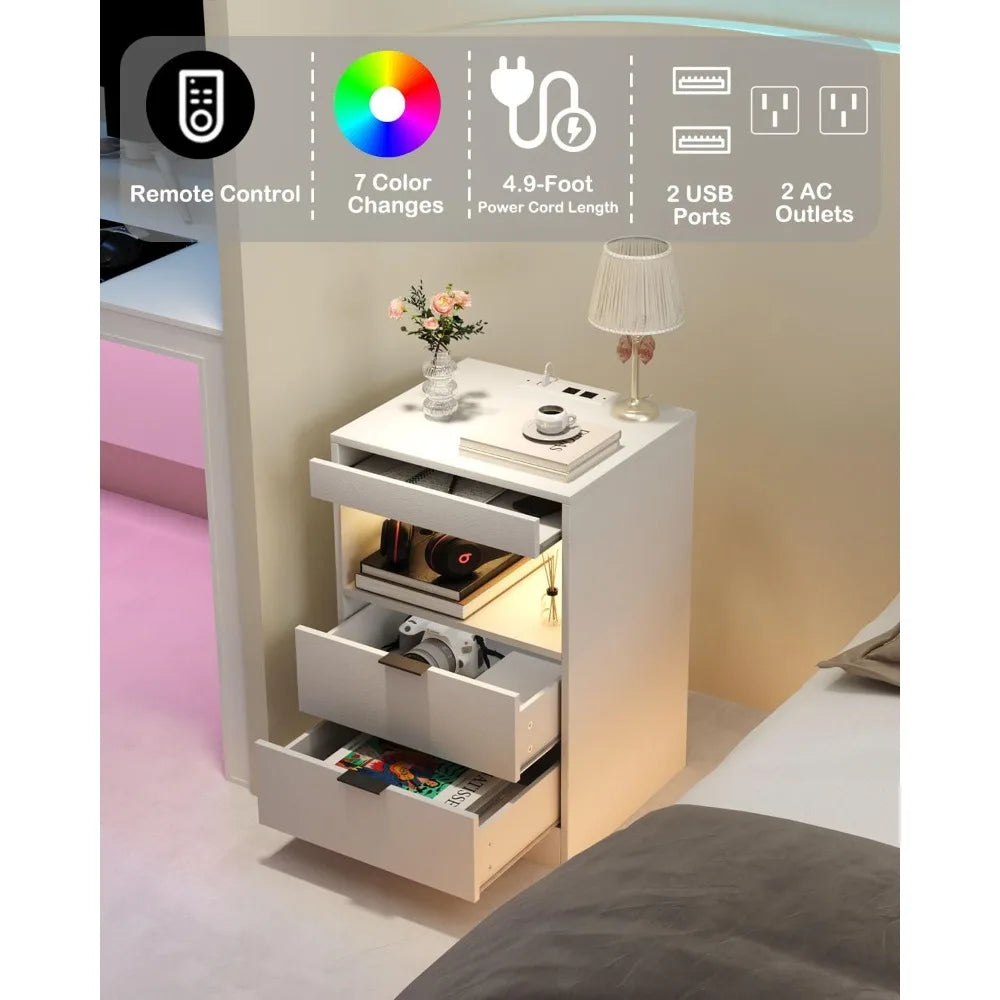 LED Nightstand with Charging Station and 3 Drawers