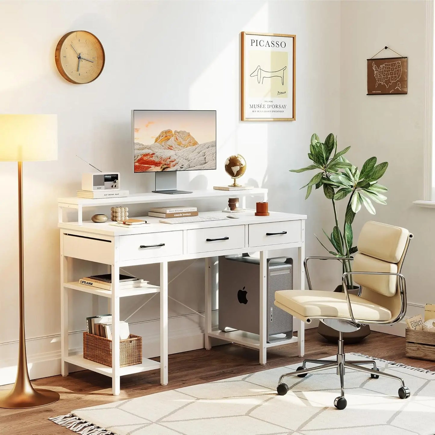 47 Inch Computer Desk with 3 Drawers and Storage Shelves