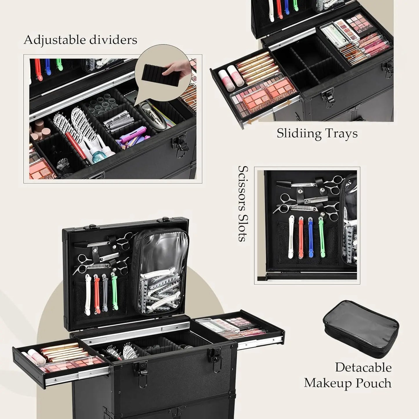 Professional Rolling Makeup Case 4 Drawers Portable Makeup