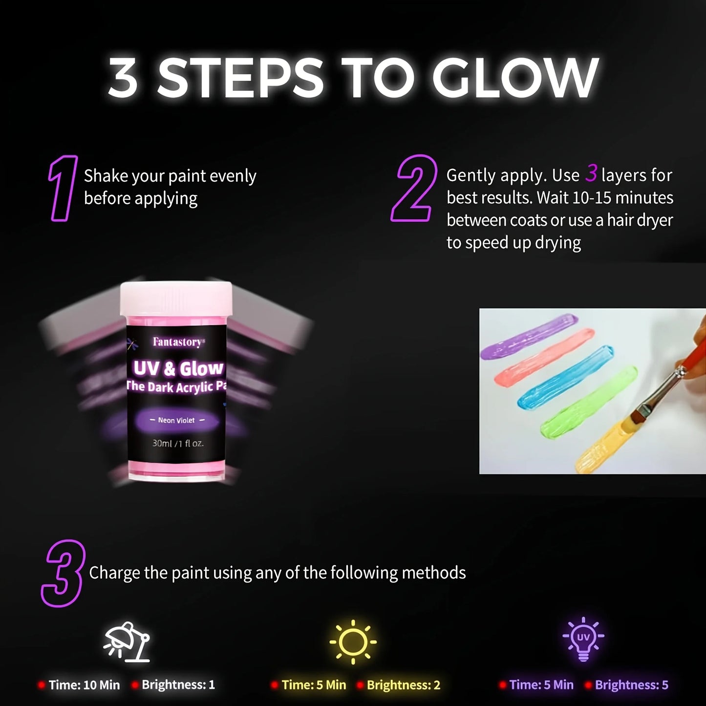 Fantastory 10pcs Glow in the Dark Acrylic Paints 30ml