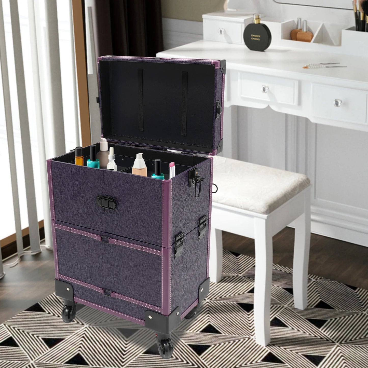 Stylish Purple Rolling Makeup Train Case - Artist Organizer Trolley