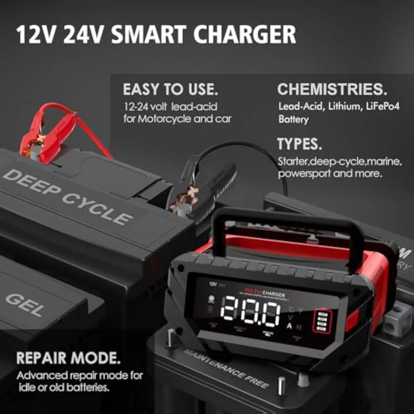 20-Amp Car Battery Charger, 12V/24V Smart Charger
