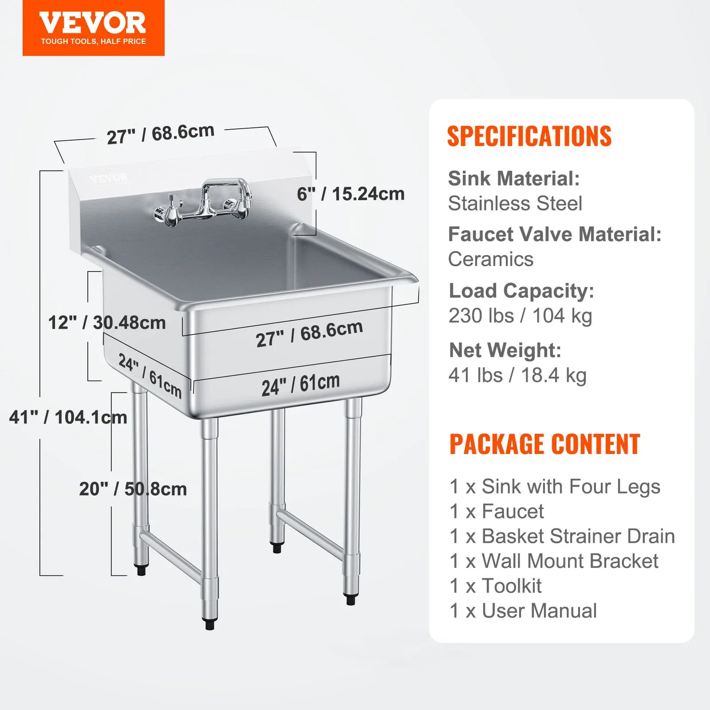 SucceBuy Commercial Stainless Steel Prep And Utility Sink With Faucet