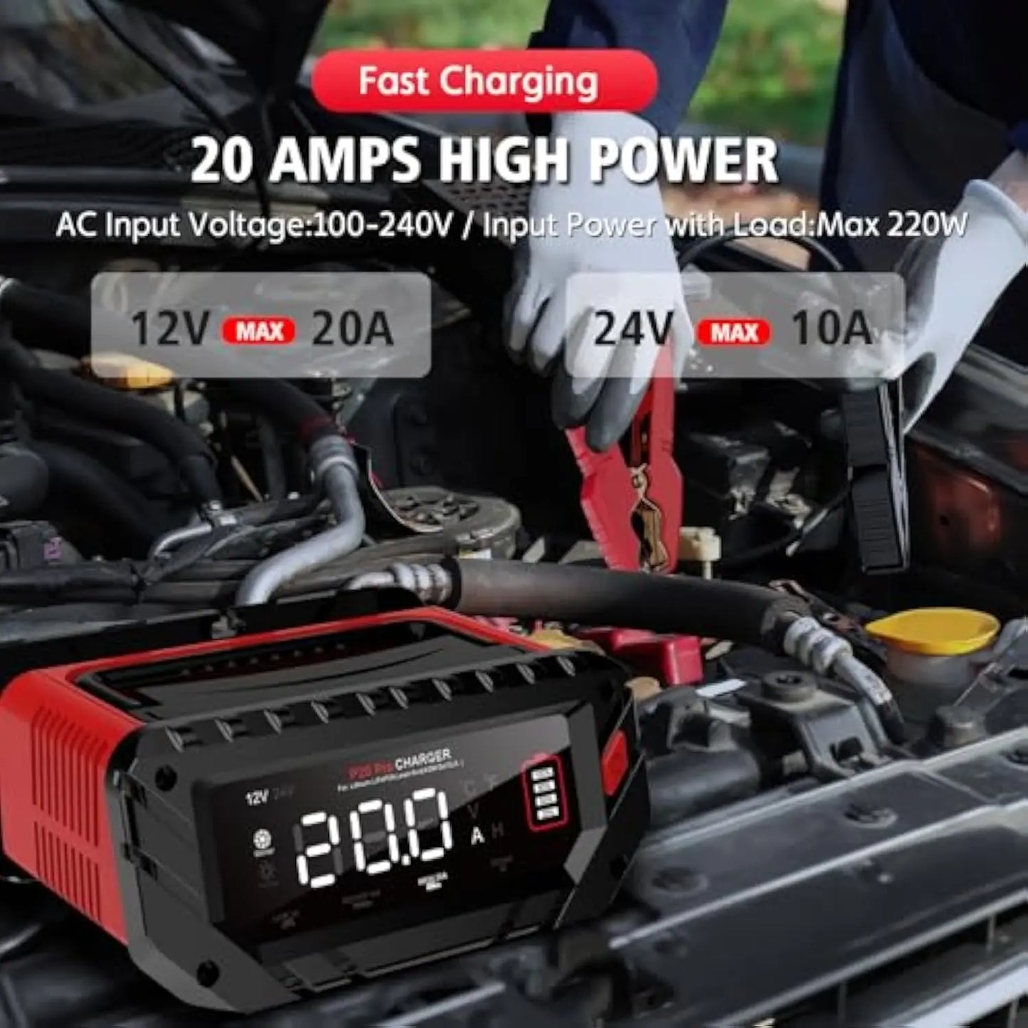 20-Amp Car Battery Charger, 12V/24V Smart Charger