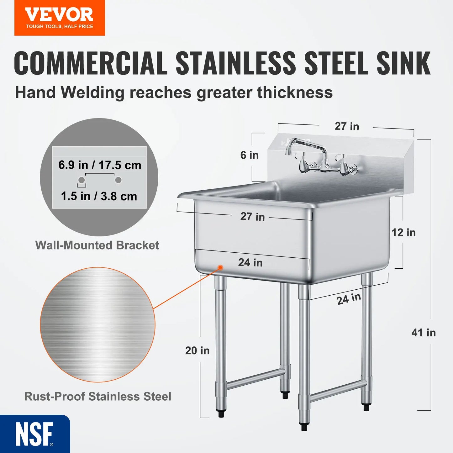 SucceBuy Commercial Stainless Steel Prep And Utility Sink With Faucet