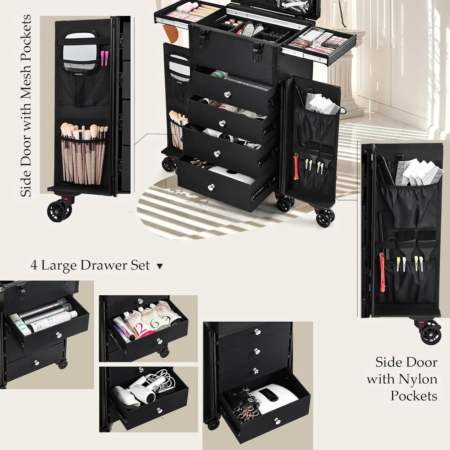 Professional Rolling Makeup Case 4 Drawers Portable Makeup