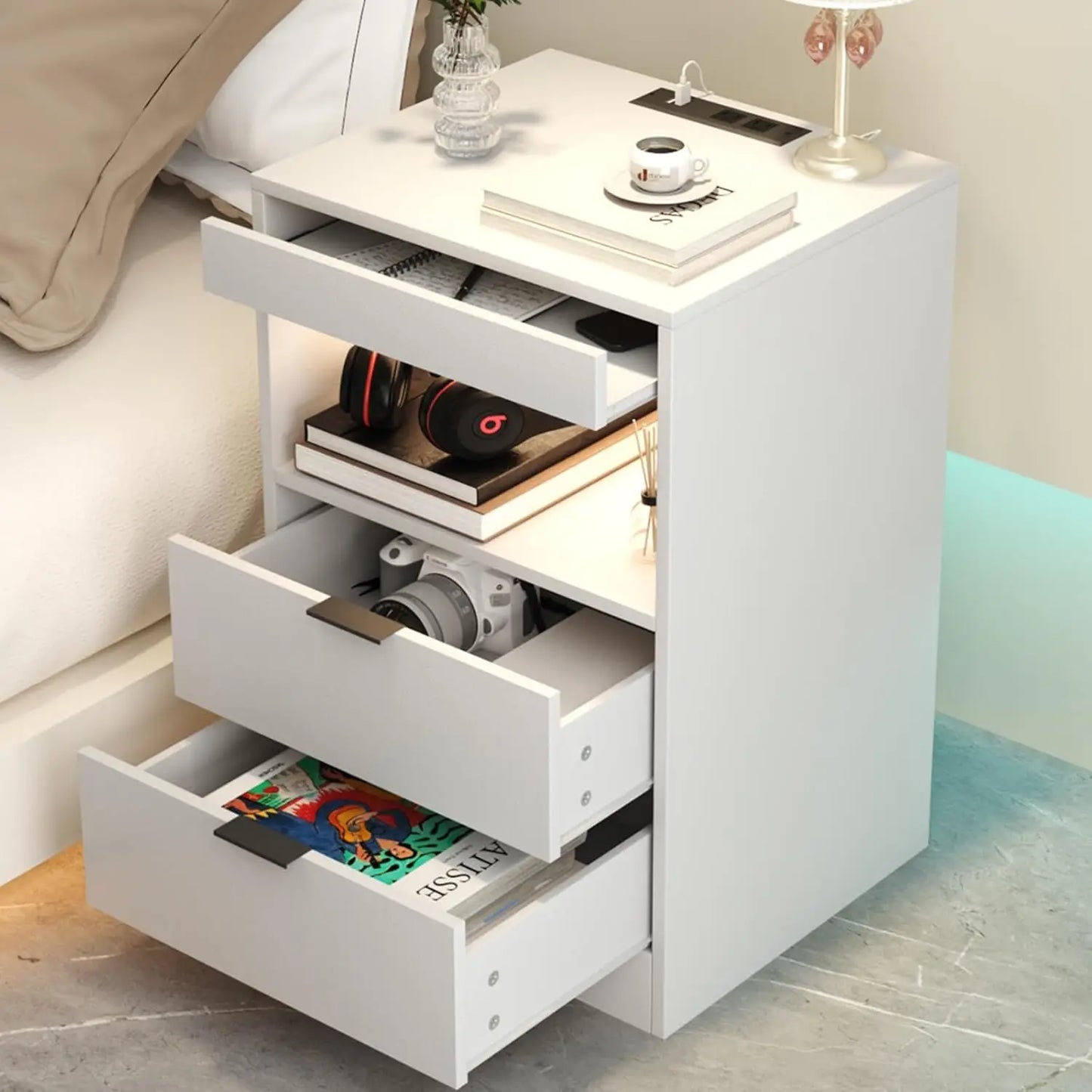 LED Nightstand with Charging Station and 3 Drawers