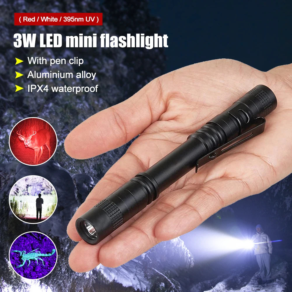 Mini Pen Light Portable LED Flashlight White 395nm Red Light Torch