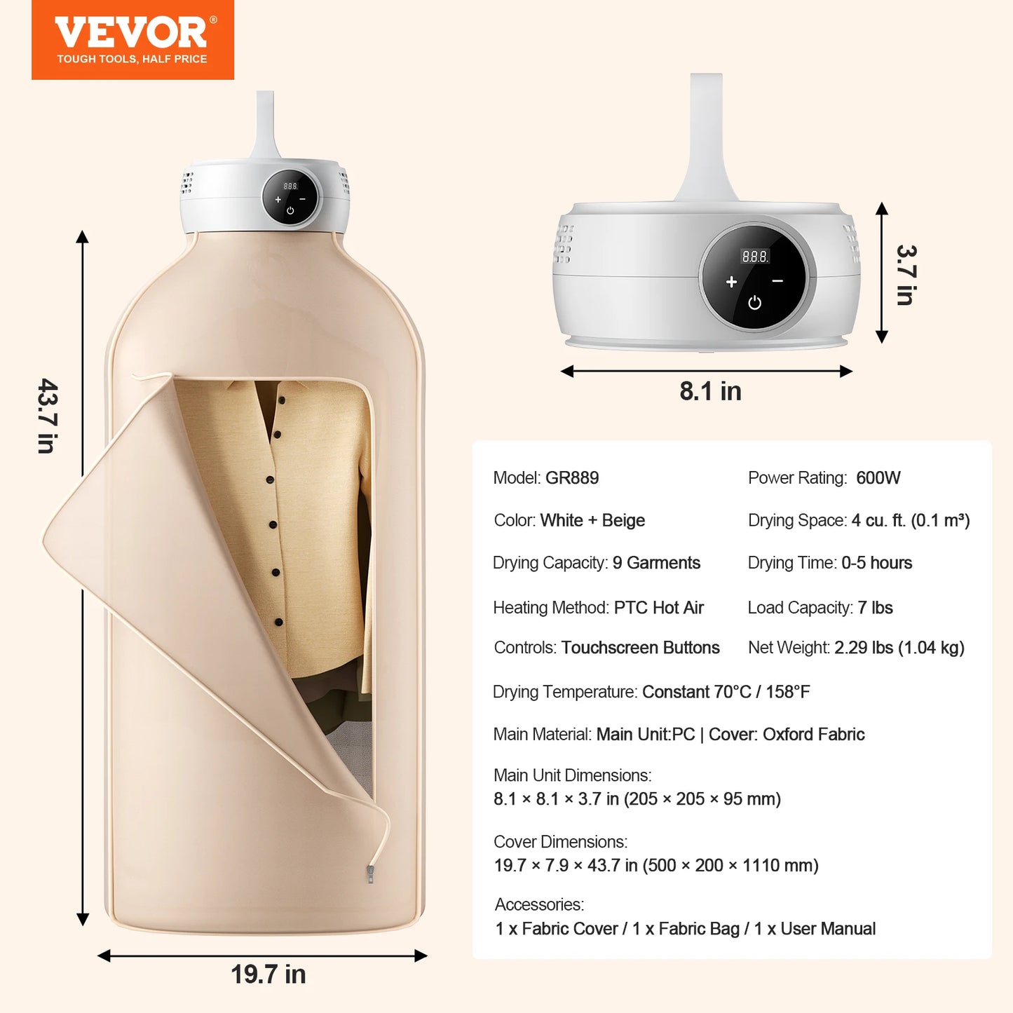 VEVOR Portable Clothes Dryer 600W Mini Dryer for RVs Hotels