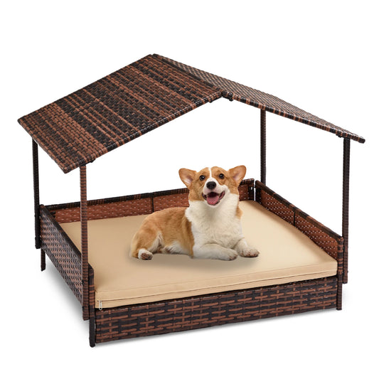 Wicker Dog House Elevated Rattan Bed with Canopy Cover