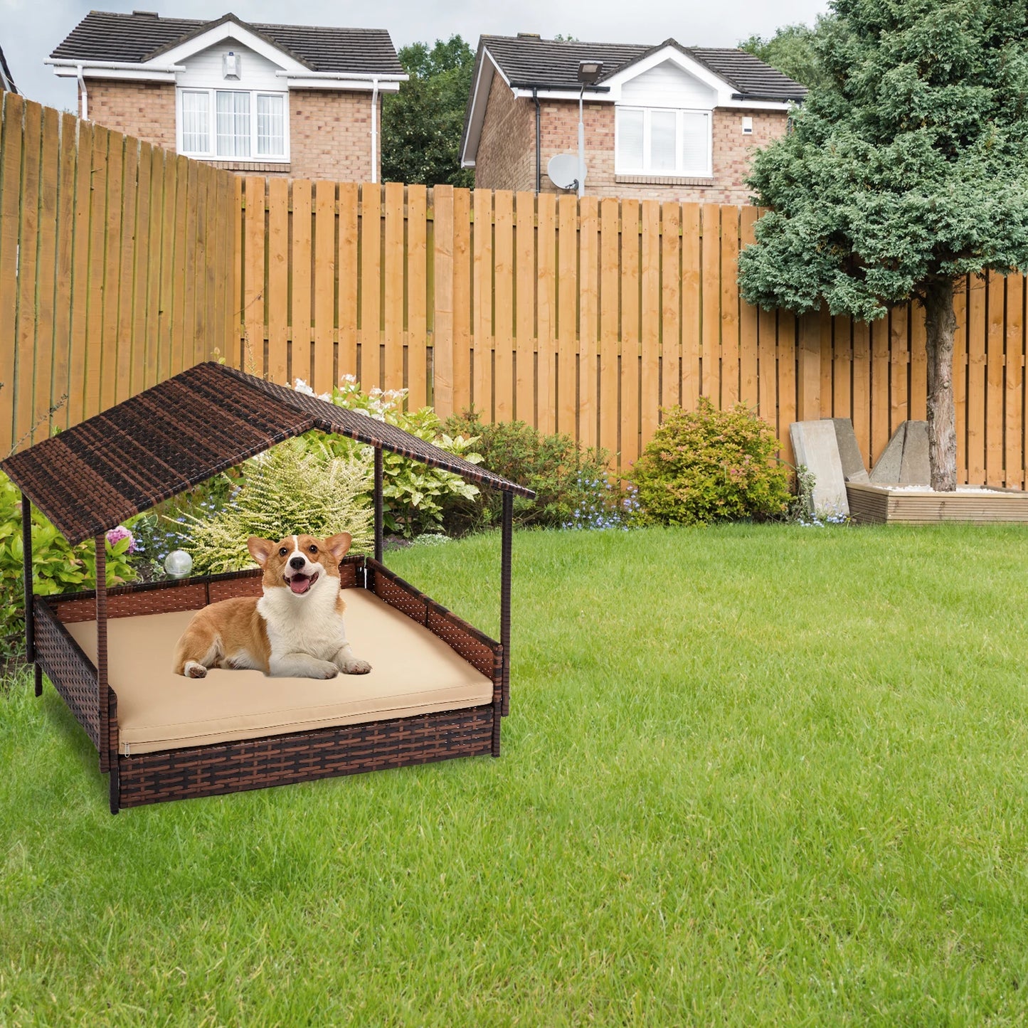 Wicker Dog House Elevated Rattan Bed with Canopy Cover