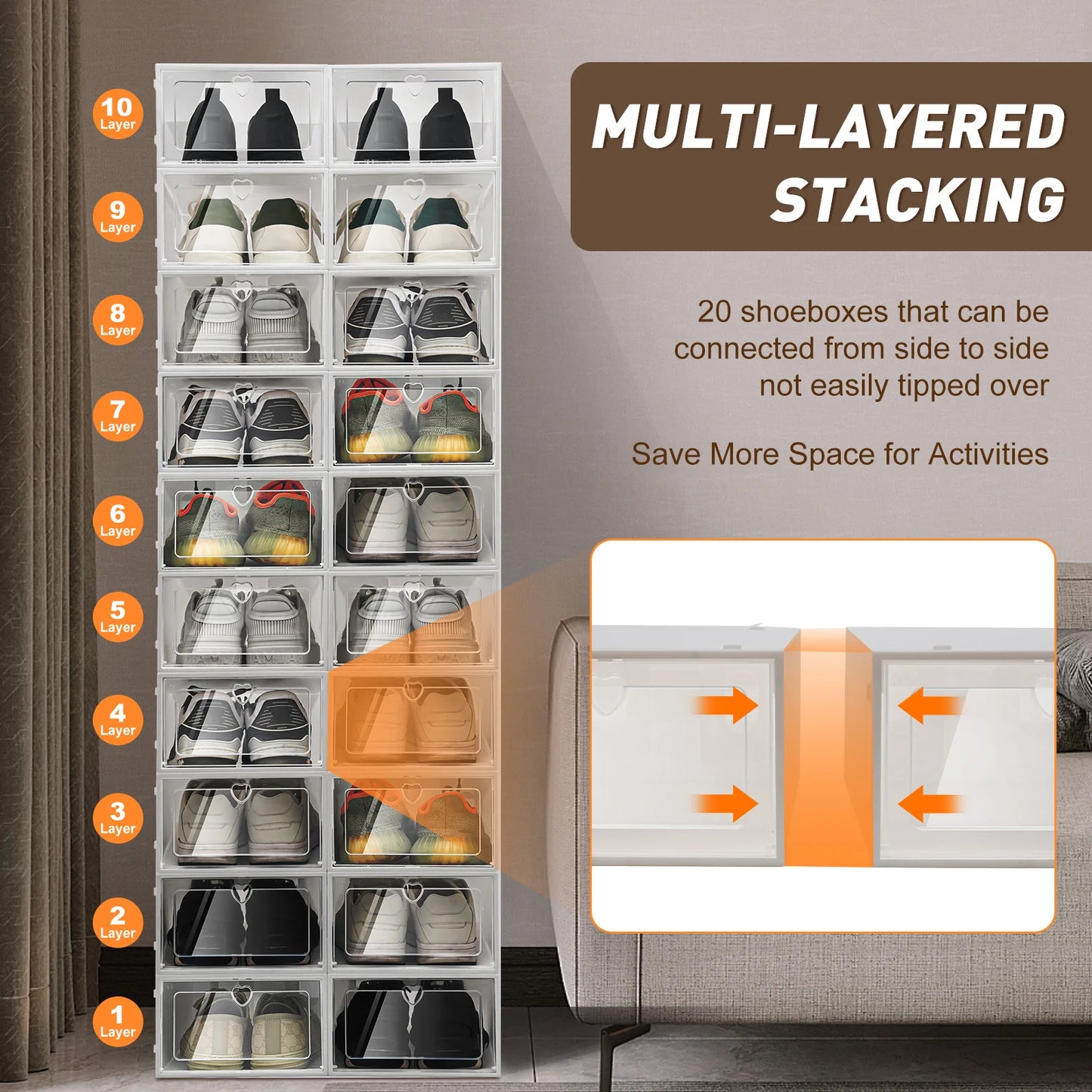 20 Pcs Clear Foldable Shoe Boxes Plastic Organizers Stackable Rectangular Storage Cases