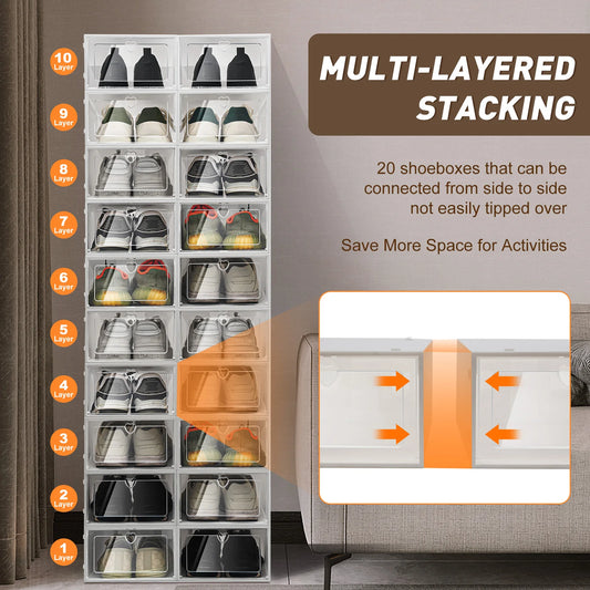20 Pcs Clear Foldable Shoe Boxes Plastic Organizers Stackable Rectangular Storage Cases