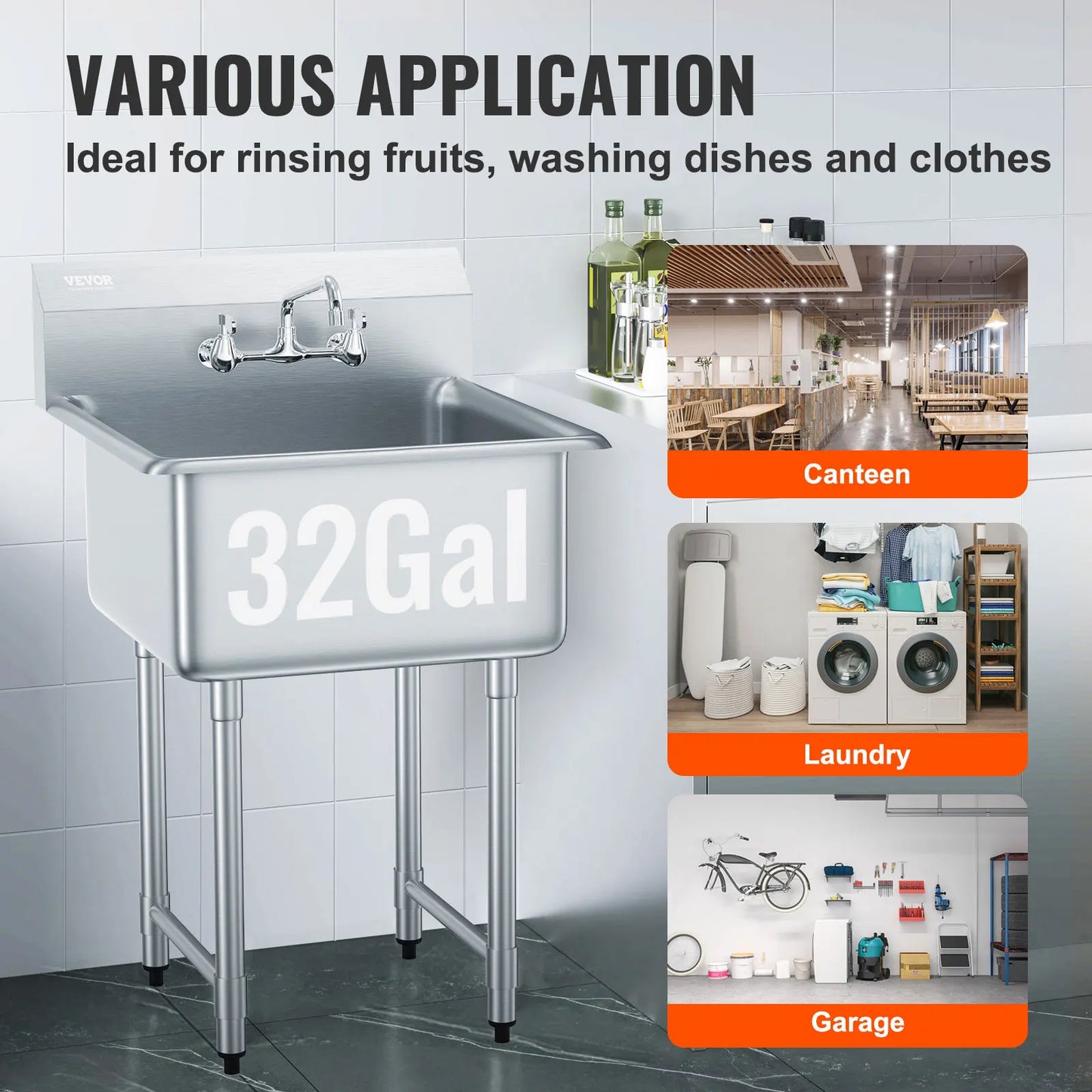 SucceBuy Commercial Stainless Steel Prep And Utility Sink With Faucet