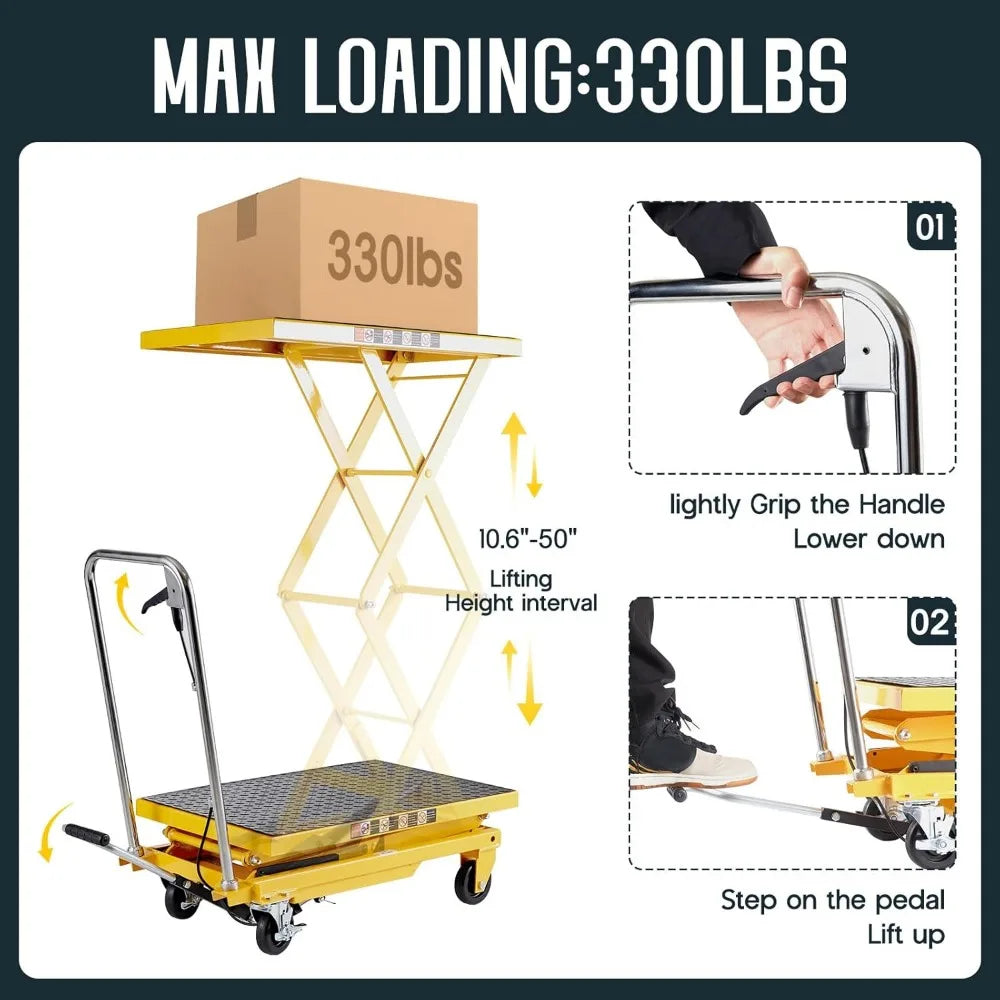 Hydraulic Lift Cart With Double Scissor Table And Wheels