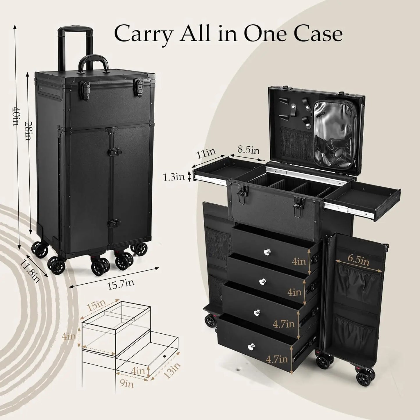 Professional Rolling Makeup Case 4 Drawers Portable Makeup