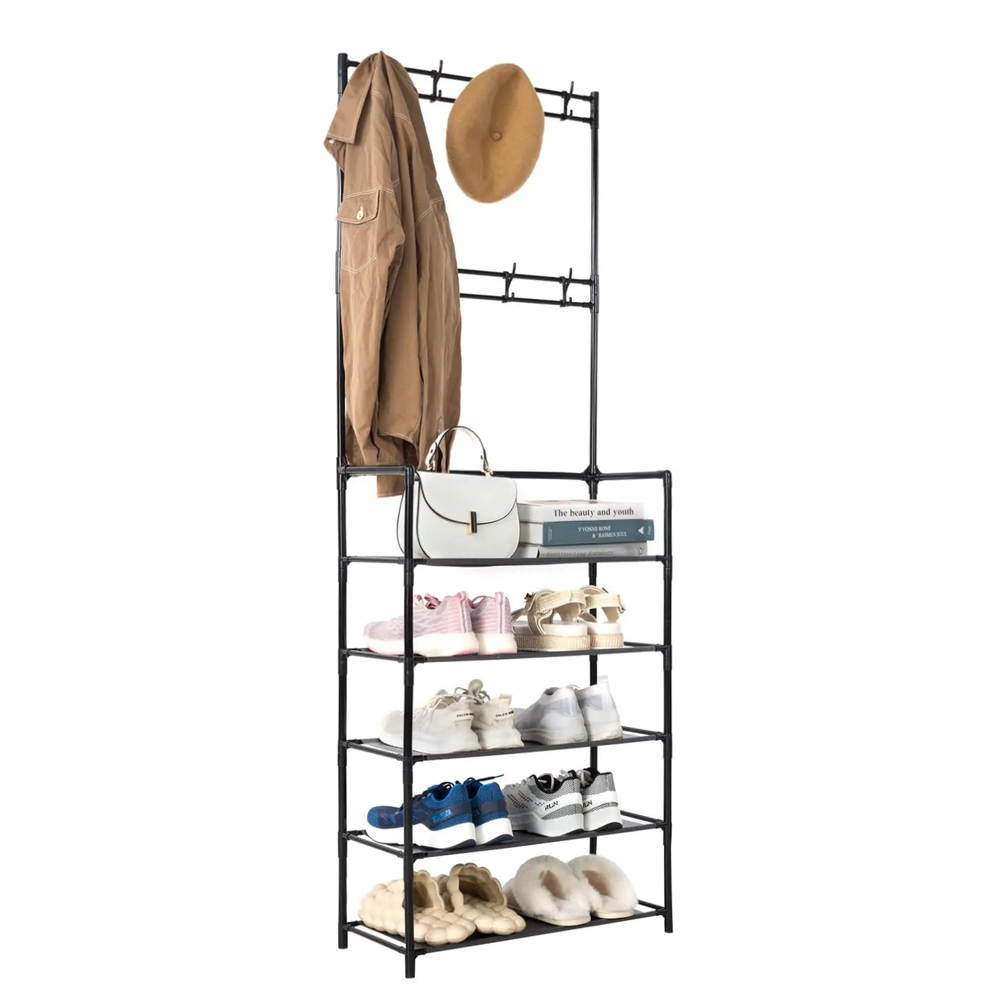 Hign-concerned Entryway Coat Rack With 4-Tier Shoe Storage 8 Hooks