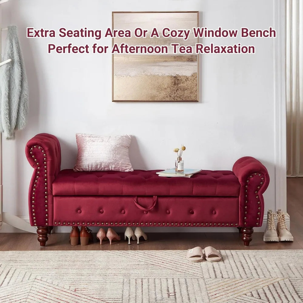 Velvet Storage Bench With Rolled Arm And Nailhead Trim