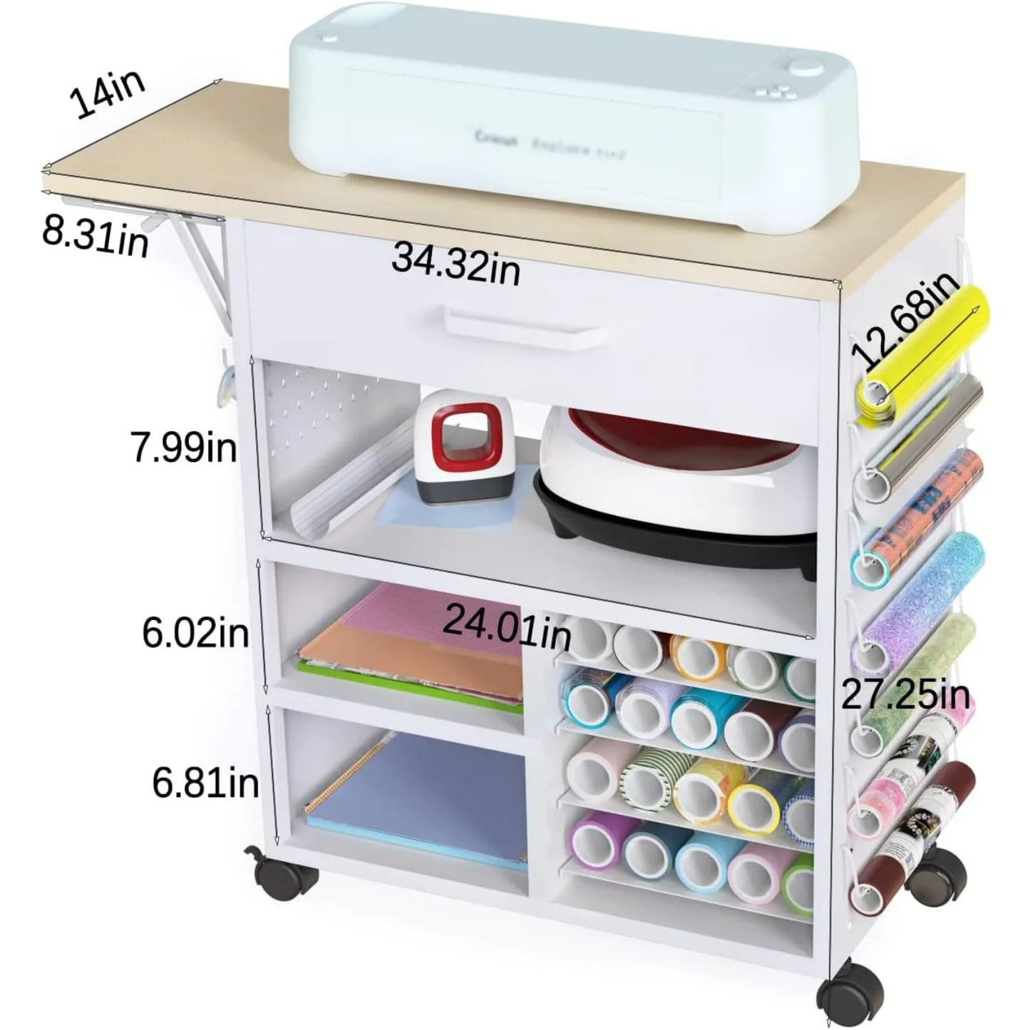 Rolling Cricut Cart with Storage Drawers and Wheels