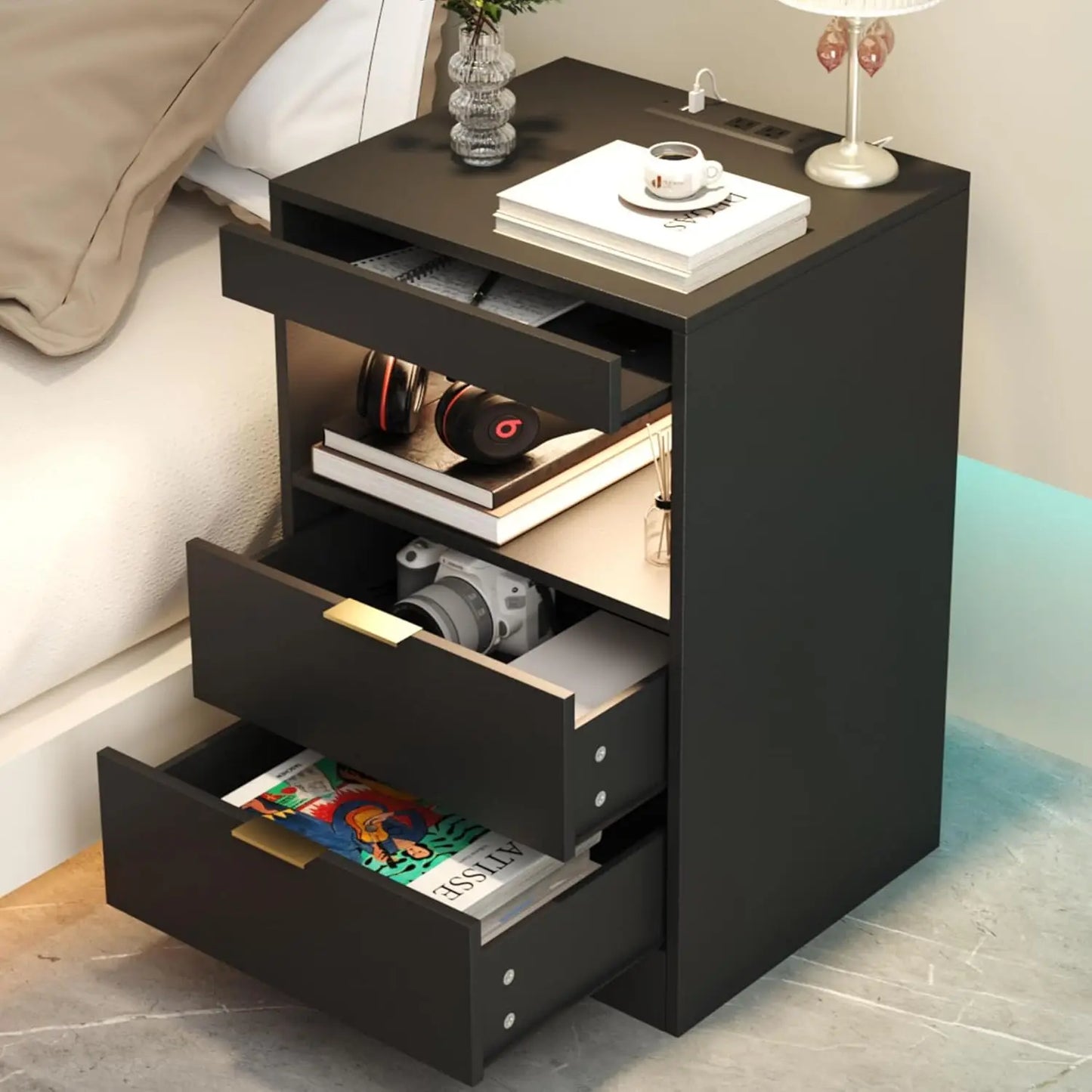 LED Nightstand with Charging Station and 3 Drawers