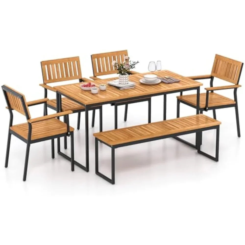Stylish 6 Pieces Outdoor Acacia Wood Dining Set for Patios
