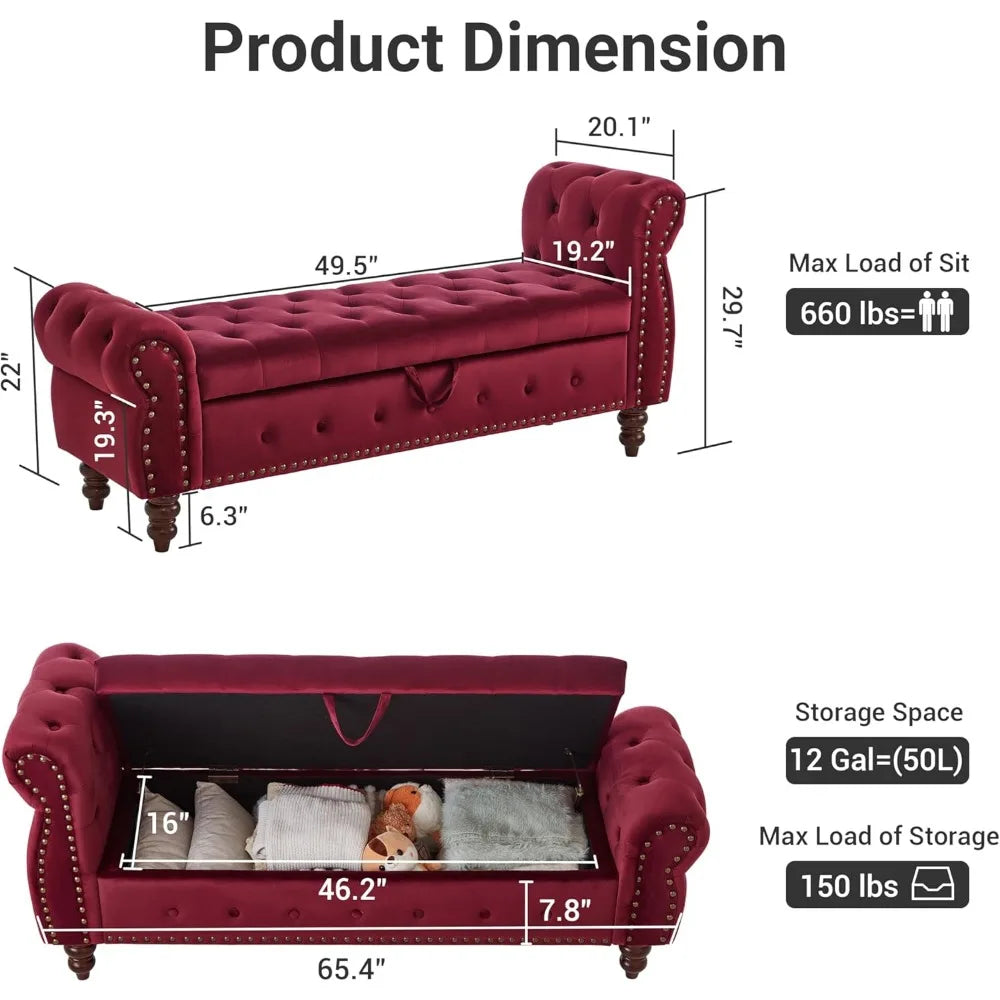 Velvet Storage Bench With Rolled Arm And Nailhead Trim