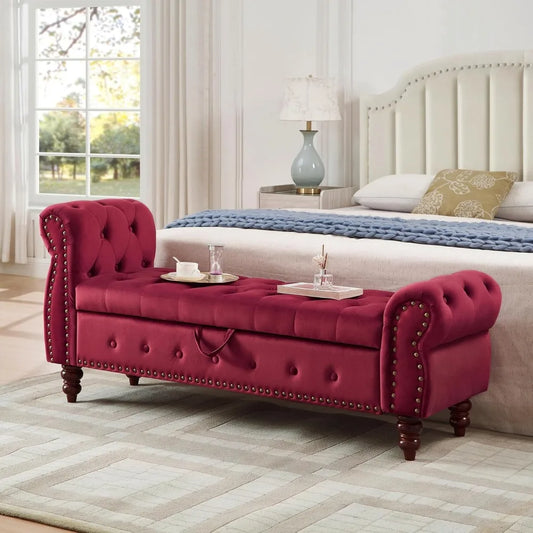Velvet Storage Bench With Rolled Arm And Nailhead Trim