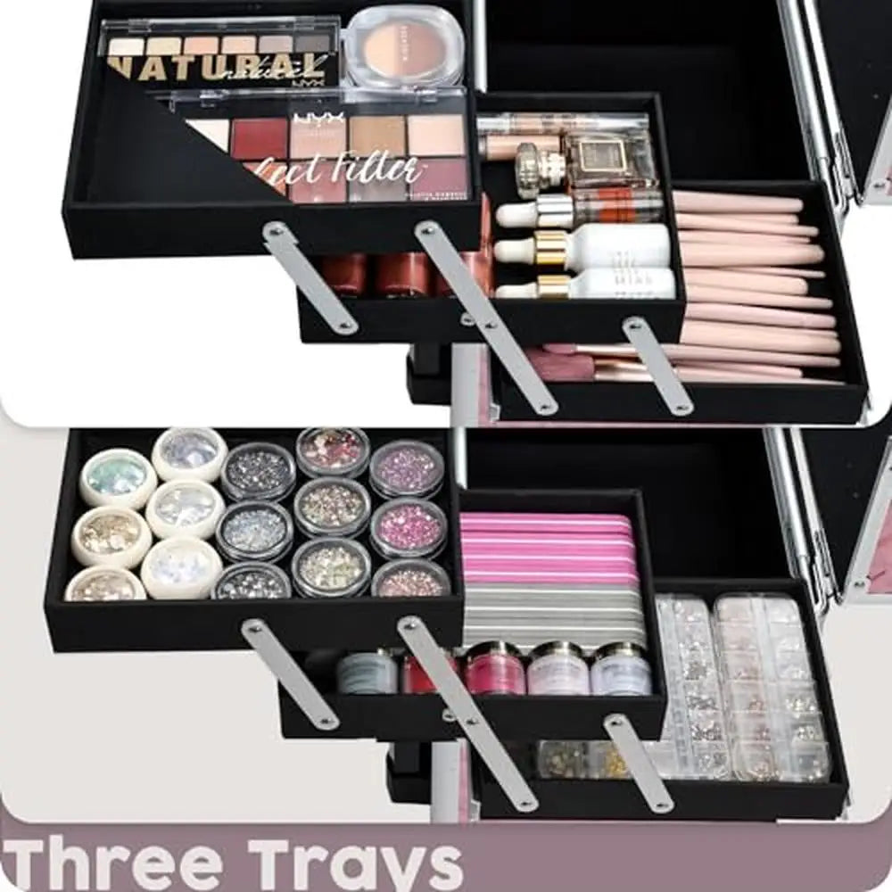Professional Rolling Makeup Trolley with Slide Rail Trays